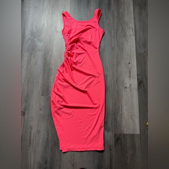 Ruched Midi Bodycon Dress Neon Pink Adjustable Leg Slit Small - Picture 4 of 10